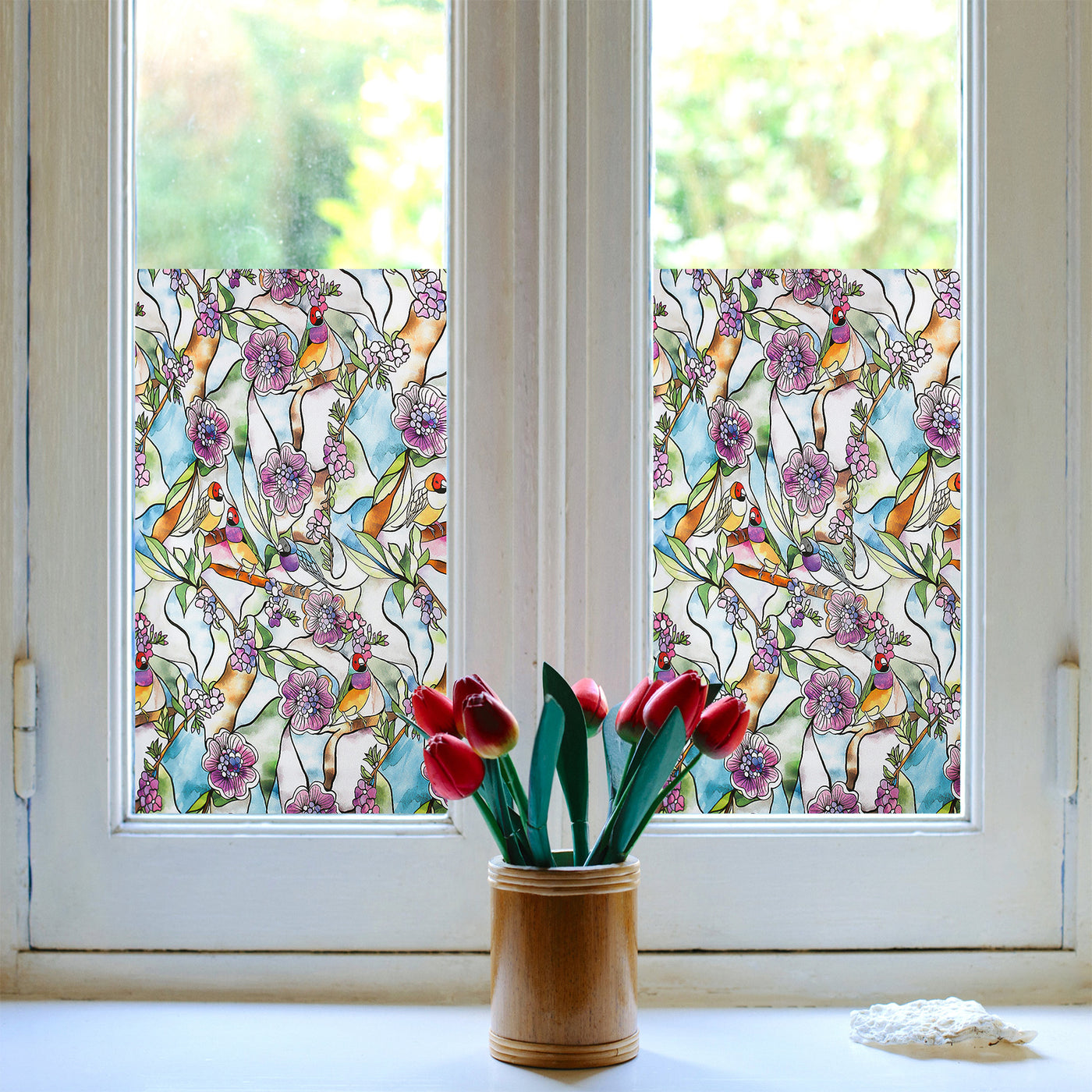 Window Film Bird Flower Style Privacy Decoration Self Adhesive for