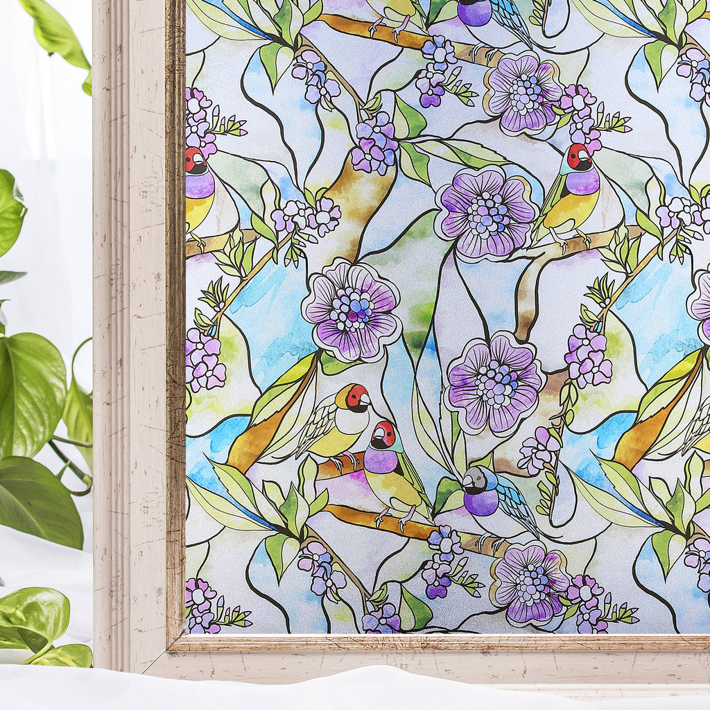 Window Film Bird Flower Style Privacy Decoration Self Adhesive for UV Blocking Heat Control Glass Stickers